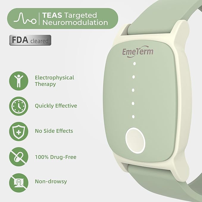 EmeTerm Explore Classic FDA-Cleared Anti-Nausea Wristband IP67 Waterproof Morning Motion Sickness Relief Band Rechargeable Classic Strap Design Drug Free Non-drowsy Without Side Effects Mint Green