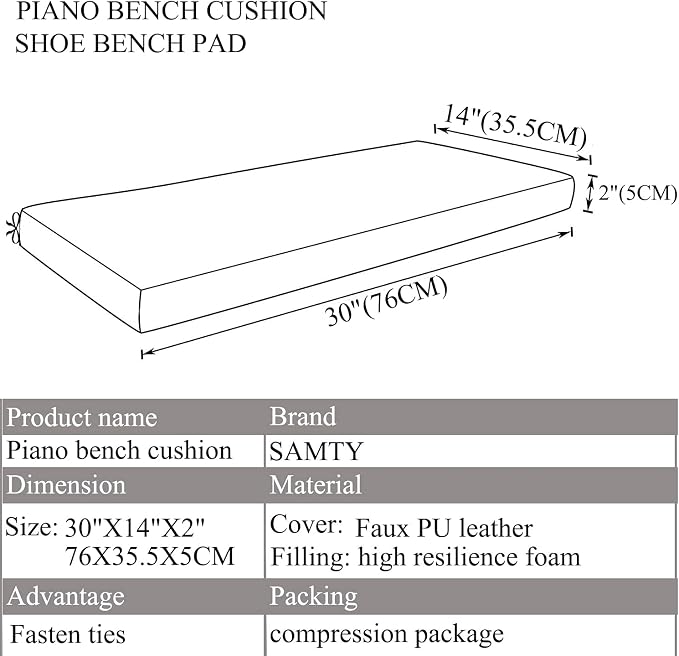 SAMTY Waterproof Faux PU Leather Piano Bench Cushions with Ties for Kids Wooden Shoe Stool Pad 30"X 14" inch, Red