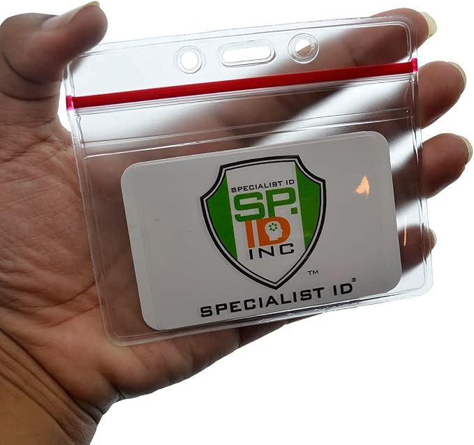 25 Pack - Heavy Duty Badge Holder Horizontal with Resealable Zip Top - Clear Plastic Waterproof i’d Card Protector - Top Load Pouch w/Lock Zipper Closure for Office, Travel, & Nurses by Specialist ID