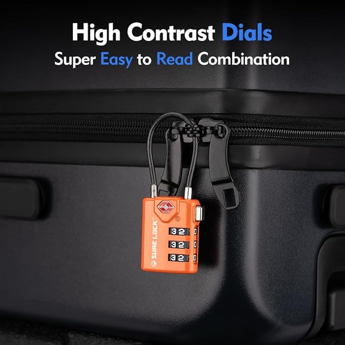 SURE LOCK TSA Approved Combination Luggage Locks with Open Alert Indicator – Durable Zinc Alloy Cable Travel Locks with Large Easy-Read Dials for Suitcases, Backpacks & Gym Bags Orange 4 Pack