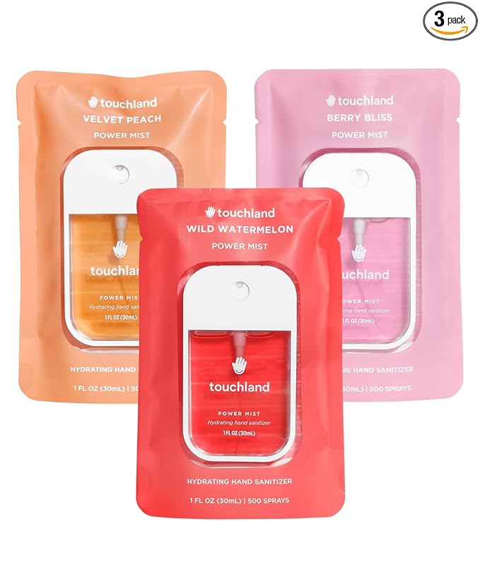 Touchland Hydrating Hand Sanitizer Spray – Juicy Trio Set (Wild Watermelon, Velvet Peach, Berry Bliss) – 3 x 1 FL OZ Travel Size Mists