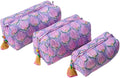 Saffron Marigold Quilted Makeup Bag Set of 3, Hand Block Printed Cotton Cosmetic Bags for Women, Waterproof Lined Travel Toiletry Bag, Coquette Floral Aesthetic, Handmade Gift, Lilac Flame