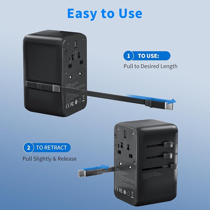 100W GaN Universal Travel Adapter - 6-in-1 International Plug Adapter Wall Charger for 200+ Countries, Built-in USB-C Cable Multi Port Fast Charging Worldwide - US/EU/UK/AUS