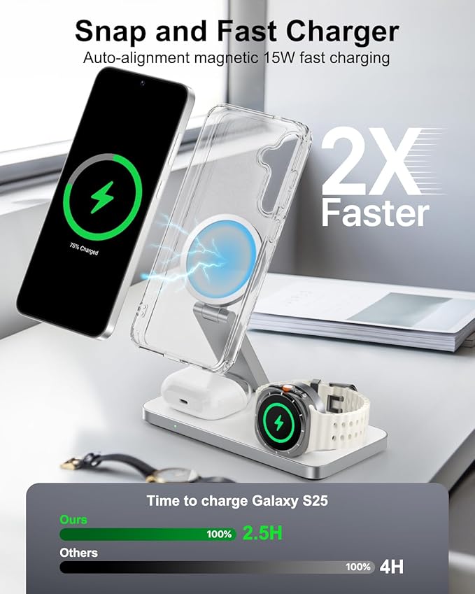 3-in-1 Charging Station for Samsung, Magnetic Fast Wireless Charger Stand Compatible with MagSafe for Galaxy S26/S25/S24/S23/Z Fold/Flip 7 Series, Galaxy Watch Ultra/8/7/6/5, Galaxy Buds Pro/4//3/2