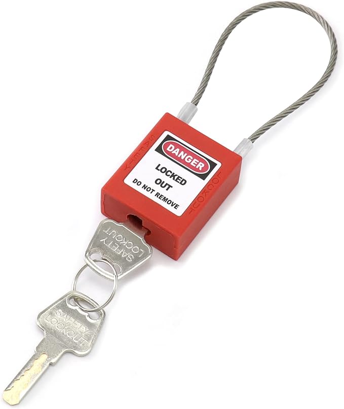 QWORK 4 Pack Lockout Tagout Steel Cable Locks with 8 Keys, Compact Cable Padlock, Red Keyed Different Electrical Lockout Padlock Set