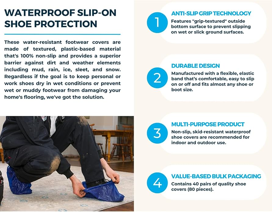 Waterproof Shoe Covers Disposable Non Slip Extra Large Boot Cover - (40 Pairs)