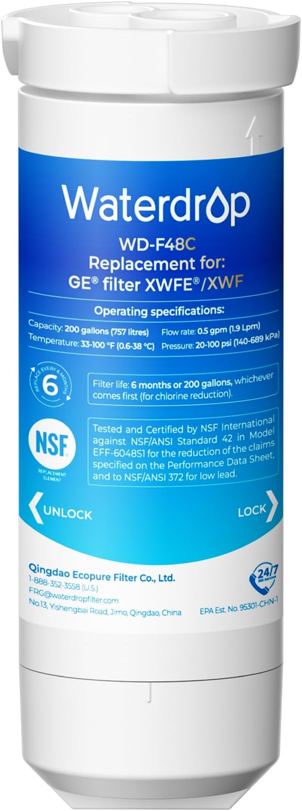 Waterdrop XWFE Refrigerator Water Filter, Built-in Chip, Replacement for GE® XWFE, XWF, Compatible with GNE27, GFE26, GDE25, GSS25 and PSE25 Series, NSF 42 & 372 Certified