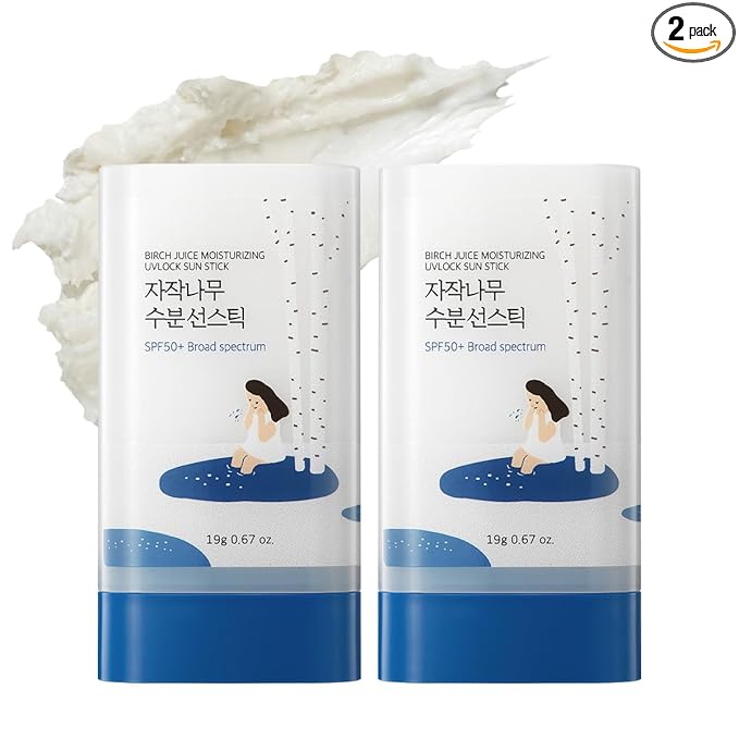 ROUND LAB Birch Juice Moisturizing Sun Stick DUO Broad Spectrum SPF 50+, 1.34oz, Sunscreen Stick for face and body, No White Cast, Non-Sticky, Travel-Friendly, Protector Solar Barra, Korean Sunscreen