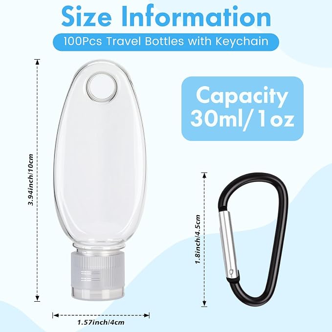 Yalikop 100 Pcs Traveling Bottles with Keychain 1oz Clear Plastic Keychain Bottle Leakproof Refillable Empty Keyring Container Liquid Packing Container Portable Bottle with Clear Lid for Liquid Cream