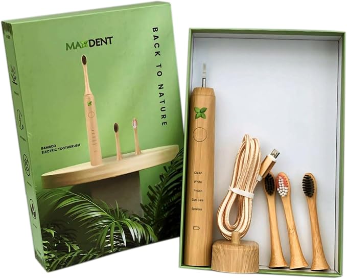 Rechargeable Bamboo Electric Tooth Brush, Brush with 3 Replacement Heads and Storage Case, Portable Oral Care, Durable Electric Design with Travel-Friendly Protective Holder