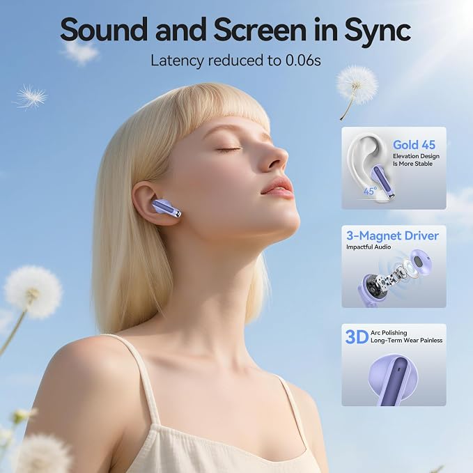 Wireless Earbuds, Bluetooth 5.4 Headphones HiFi Stereo with 4 HD Mic, 50H Playtime Bluetooth Earbuds with Dual LED Display, IPX7 Waterproof Wireless Earphones, Touch Control Ear Buds,USB-C, Purple