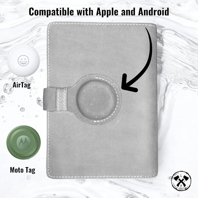 Genuine Leather AirTag Passport Holder and Wallet for Men and Women RFID Blocking for Secure Traveling and Documentation Organizer (Grey)