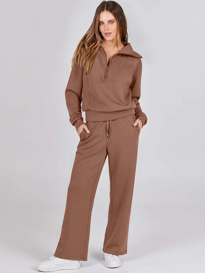 ANRABESS Women’s 2 Piece Outfits Half Zip Sweatshirt & Wide Leg Pants Airport Travel Lounge Matching Sets Sweatsuits Clothing