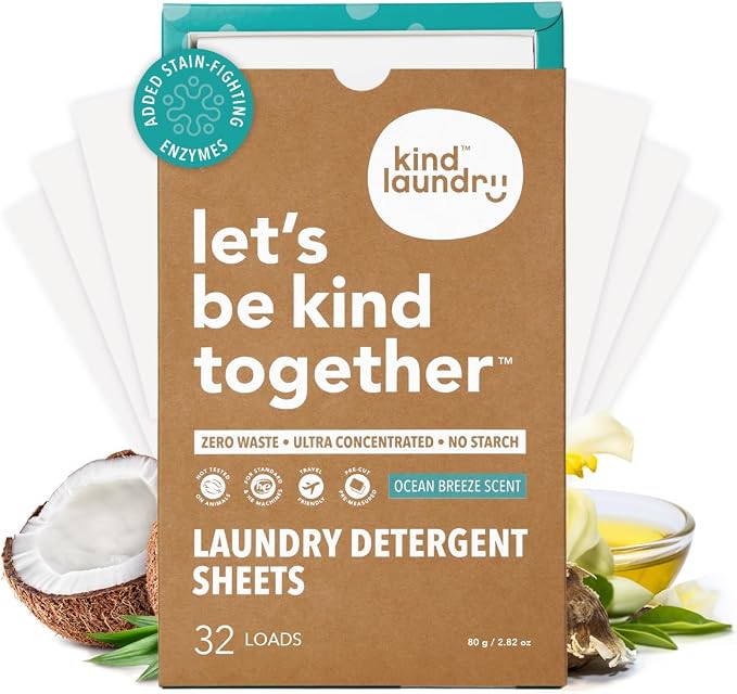 Kind Laundry Detergent Sheets – 32 Loads Ocean Breeze, EWG Verified, No Residue After Wash, Eco Plastic-Free Liquidless Laundry Soap, Non-Toxic Formula, for Sensitive Skin, Travel & Dorm Friendly
