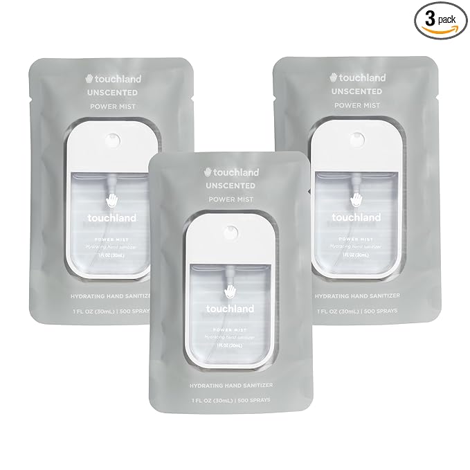 Touchland Hydrating Hand Sanitizer Spray – Unscented Trio Set, Dye Free – 3 x 1 FL OZ Travel Size Mists