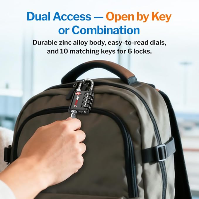 Forge Dual-Opening: Key or Combination Lock, TSA Approved Lock for Luggage, Pelican case, Travel, Gym, School, Luggage Combination Lock, Travel Bag Lock (Black 6 Pk)