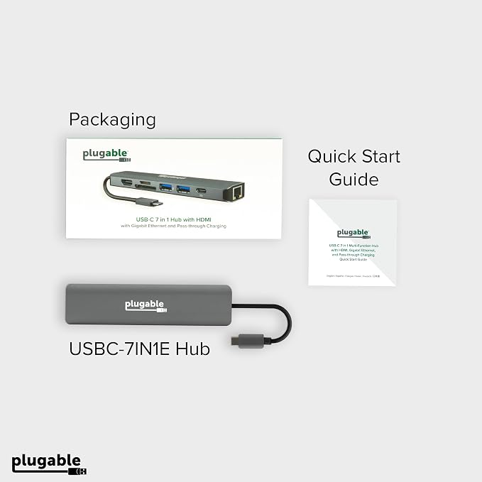 Plugable 7-in-1 USB C Hub Driverless Multiport Adapter with Ethernet, Single 4K60Hz HDMI, 100W Pass-Through Charging, 2X USB 3.0, SD/microSD, for USB-C, USB4, Thunderbolt, Mac, Windows, Chromebook