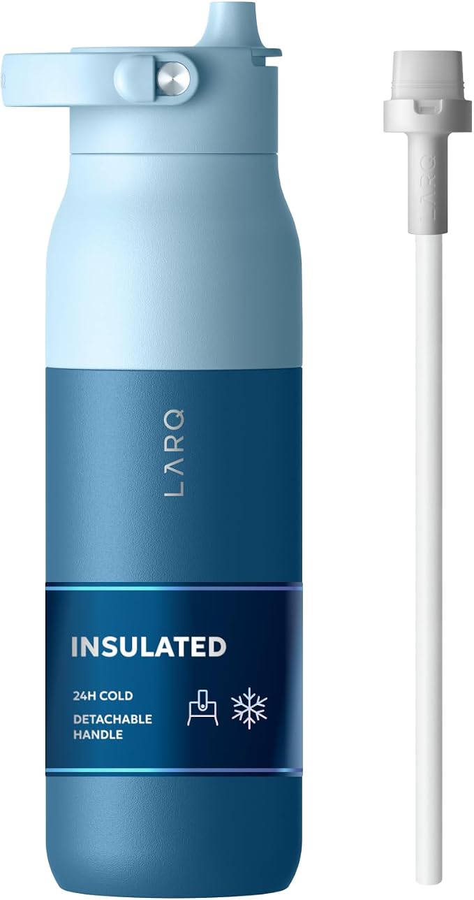 LARQ Swig Top — Insulated Stainless Steel Water Bottle with Straw, Detachable Silicone Handle, Vacuum 24h Cold, BPA-Free Metal Bottle for Gym, Travel, Office, Wide Mouth for Ice — 34 oz, Amalfi Blue