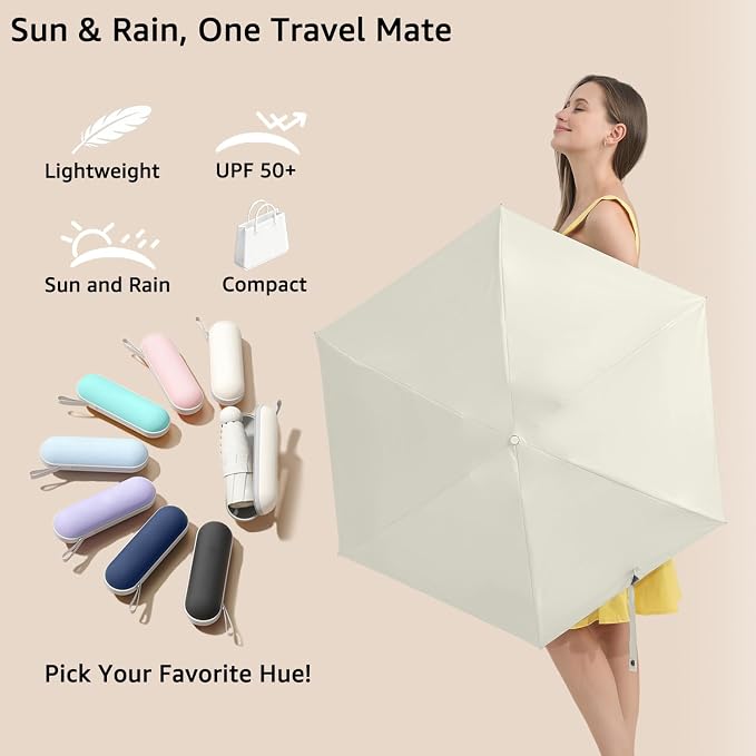 BAODINI Travel Essentials Mini Umbrella for Purse With Case Small Compact UV Sun Protection Lightweight Tiny Pocket Manual Open Close Umbrella for Women Kids and Men Fits Purse Backpack