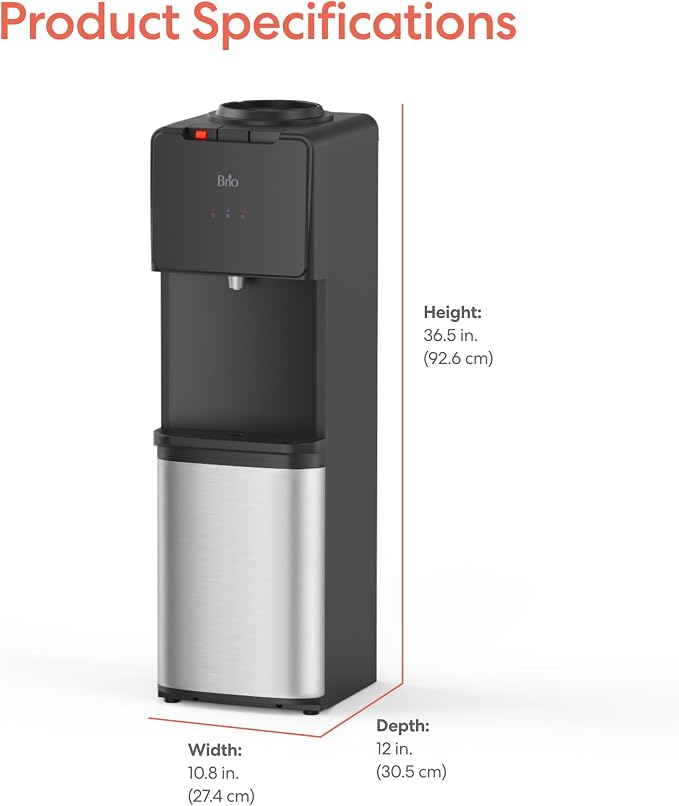 Brio 130SS Series Bottom Load Water Cooler Dispenser for 5 Gallon Bottles, Hot, Room & Cold, Great for Home or Office, Child Safety Lock, Empty Bottle Alert, Energy Star 3.0, Black & Stainless Steel