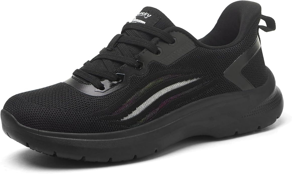 Treesky Black Non Slip Work Shoes for Women, Restaurant & Kitchen Sneakers | Slip resistant soles, lightweight cushioning, breathable knit, removable insole, for nursing, food service & long shifts