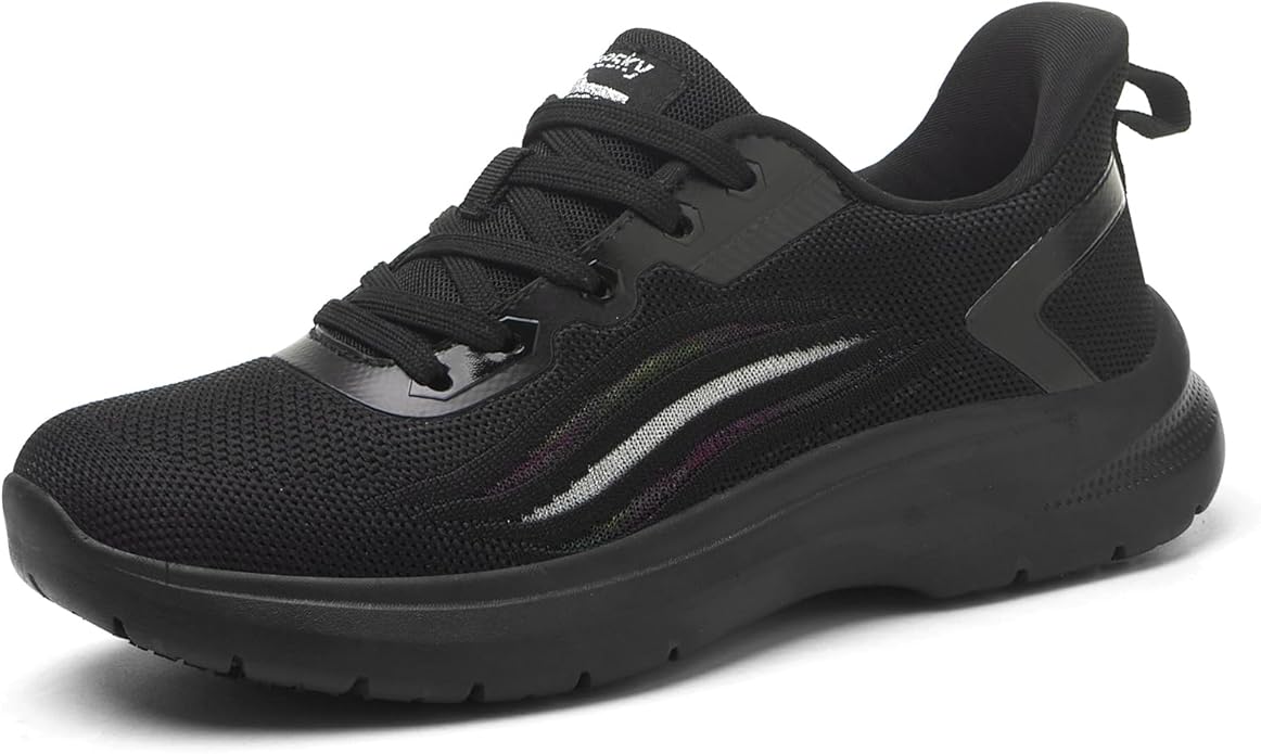 Treesky Black Non Slip Work Shoes for Women, Restaurant & Kitchen Sneakers | Slip resistant soles, lightweight cushioning, breathable knit, removable insole, for nursing, food service & long shifts