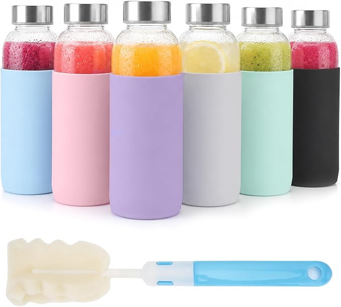 Luxfuel 16 oz Glass Juice Bottles with Lids & Silicone Sleeves, 6 Pack Reusable Glass Water Bottles with Stainless Steel Cap for Juicing, Smoothies & Refrigerator, Leak-Proof,BPA-Free Juice Containers