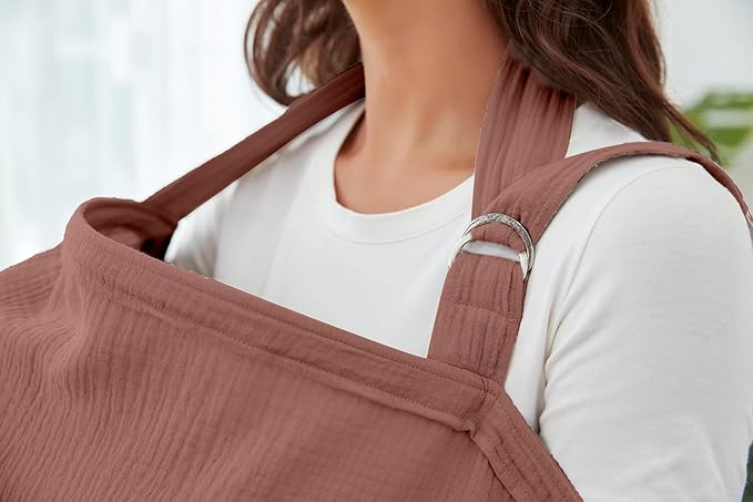 Muslin Nursing Cover for Baby Breastfeeding, Breathable 100% Cotton Breastfeeding Cover with Rigid Hoop for Mother Nursing Apron (Chestnut)