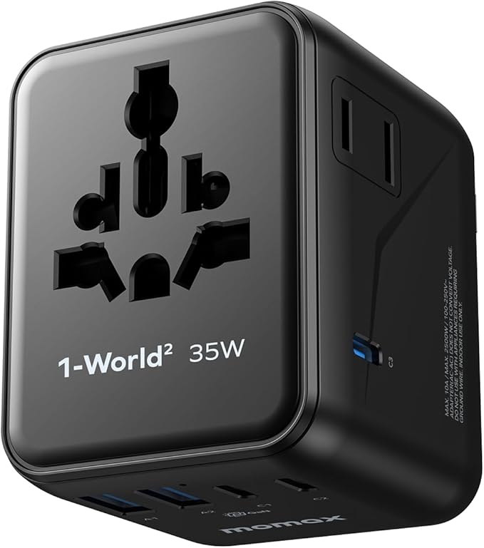 MOMAX Universal Travel Adapter 7-in-1, All-in-one European Travel Plug Adapter with 3 USB-C PD & 2 USB-A QC & 2AC, International Power Adapter Outlet for Travel UK/EU/AUS/JP, Travel Essentials(Black)