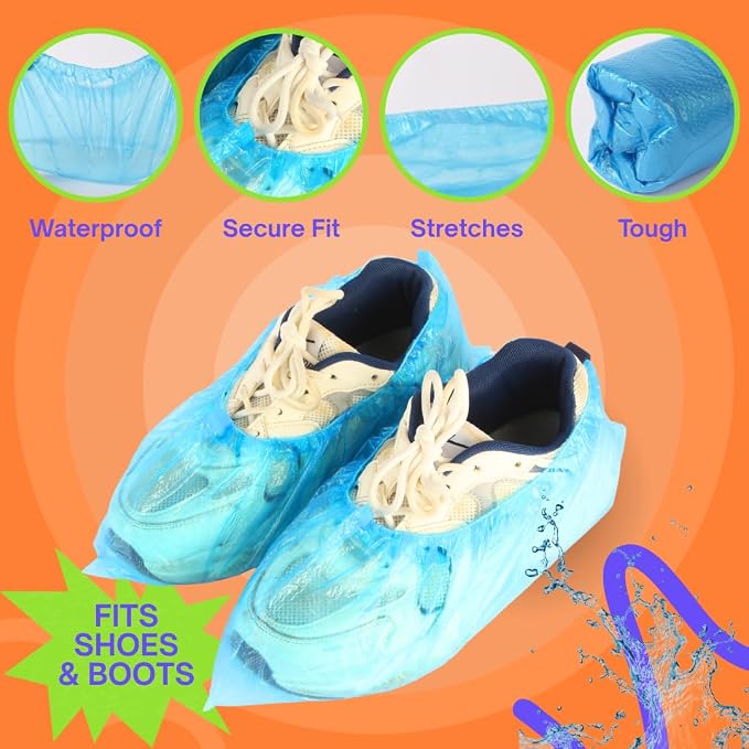 100 Pack Waterproof Shoe Covers Disposable, Premium Non-Slip Recyclable CPE Shoe Covers Protectors for Indoors, Durable, Booties, One Size Fits Most, Fits up to Size 13 US Men and 15 US Women, Blue
