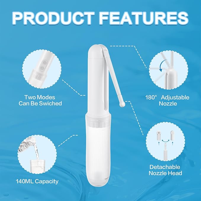 Portable Bidet for Travel 140mL Nozzle 180° Adjustment IPX6 Electric Handheld Bidet for Personal Hygiene Cleaning, Baby Wash, Postnatal Care, Perineal & Hemorrhoid Treatment(AM-US-NHJ001E)