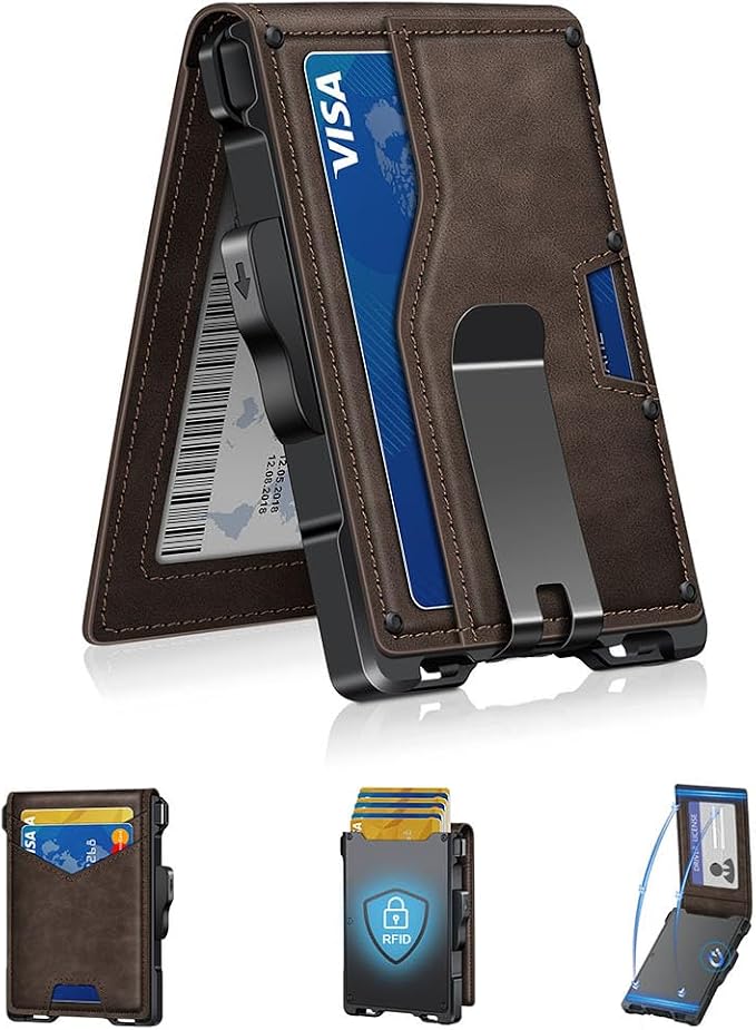 GHUKY Wallet for Men, Minimalist Slim Mens Wallet with Money Clip, RFID Blocking Smart Pop Up Card Wallet with ID Window, Compact Bifold Wallet,Metal Aluminum Credit Card Holder
