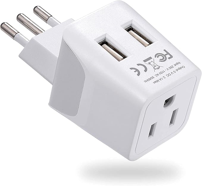 Ceptics Italy, Chile, Uruguay Travel Adapter Plug with Dual USB - USA Input - Type L - Ultra Compact - Perfect for Cell Phones, Laptop, Camera Chargers, iWatch, iPad, iPhone and More (CTU-12A)
