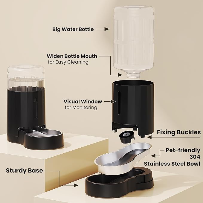 CZPET Dog Water Bowl Dispenser 7L, Wider Mouth & Upgraded Brush for Easy Cleaning Automatic Cat Gravity Refilling Waterer with Removable Stainless Steel Bowl, Large Drinking Area for Multi-Pet (Black)
