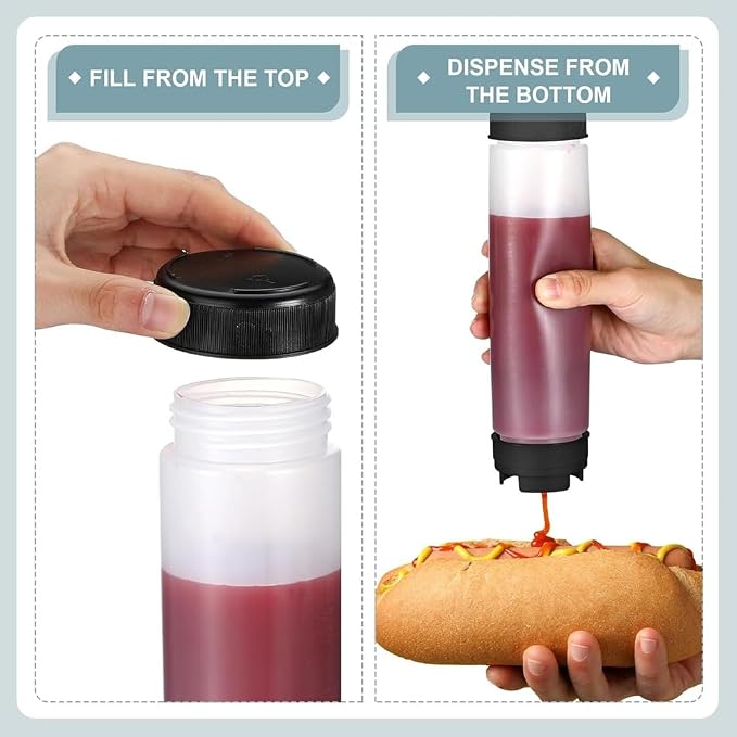 6 Pcs 16 Oz Condiment Squeeze Bottles Inverted Plastic Squeeze Bottle for Sauces Refillable Tip Large Valve Dispenser