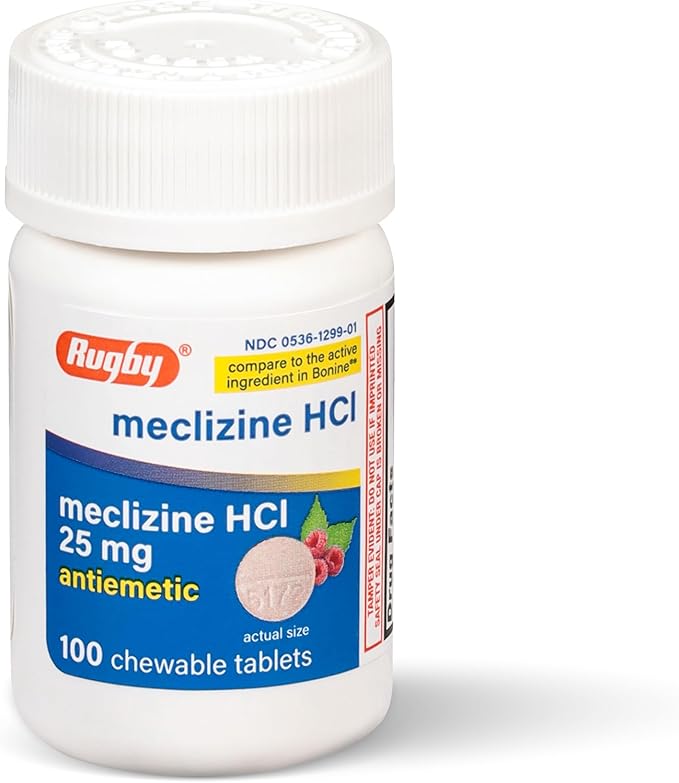 Rugby Meclizine Chewable Tablets 25mg - Anti-Nausea Medicine Helps with Motion Sickness - 100 Count (1 Pack)