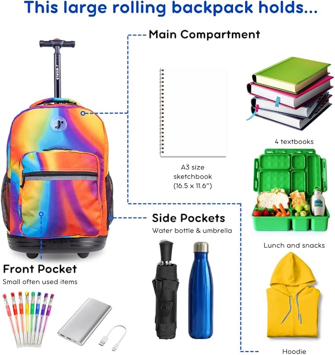 J World Sunrise Kids Rolling Backpack for Girls Boys. Roller Bookbag With Wheels For School, Heat