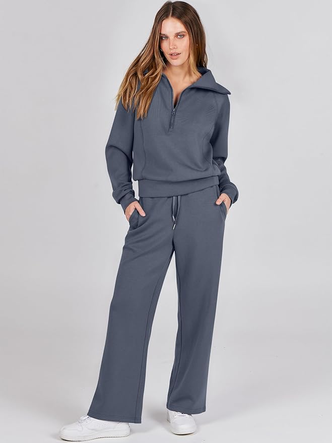ANRABESS Women’s 2 Piece Outfits Half Zip Sweatshirt & Wide Leg Pants Airport Travel Lounge Matching Sets Sweatsuits Clothing