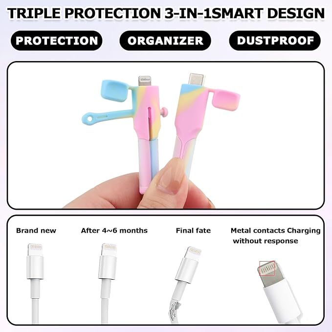 4PCS (2 Sets) Charger Cable Protector - Silicone Non-Slip Cord Saver Compatible with Lightning & USB-C Type-C Cables, 2-in-1 Dustproof Organizer and Protection, Multicolor Wire Protector for Home
