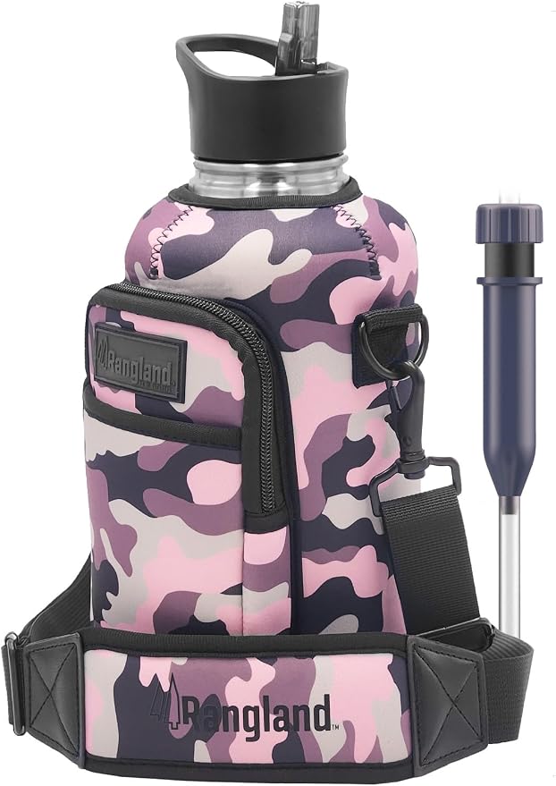 Insulated 64 Ounce Filtered Water Bottle for Women with Crossbody Carrier Bag - Sport Straw Lid, Carbon Filter, Neoprene Sleeve w/Carrying Shoulder Strap (Stainless Steel) Camo Pink