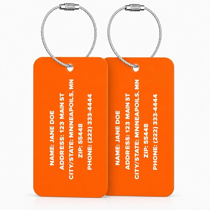 Personalized Acrylic Luggage Tags Set – Custom Engraved Name & Address ID Tags for Suitcases, Carry-On Bags & Backpacks – Bright High Visibility Heavy Duty Travel Bag Tags with Wire Ring Loops (2)