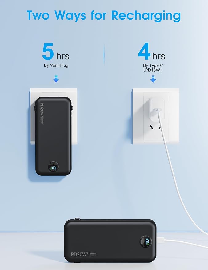citicr Portable Charger 10000mAh PD20W w/Built-in Cables & Wall Plug Black | Fast charging, Built-in wall plug, LED display, Charge 5 devices at once, Pass through charging, TSA approved, Pocket size