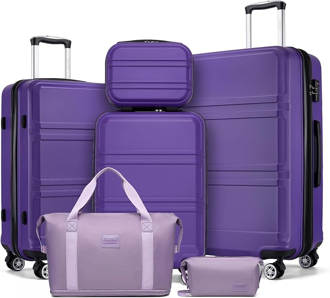 Kono Suitcase Set 3 Piece Luggage Set Expandable(only 28") Lightweight PC+ABS Carry On Hardside Luggage with TSA Lock Spinner Wheels (Purple, 6 piece set)