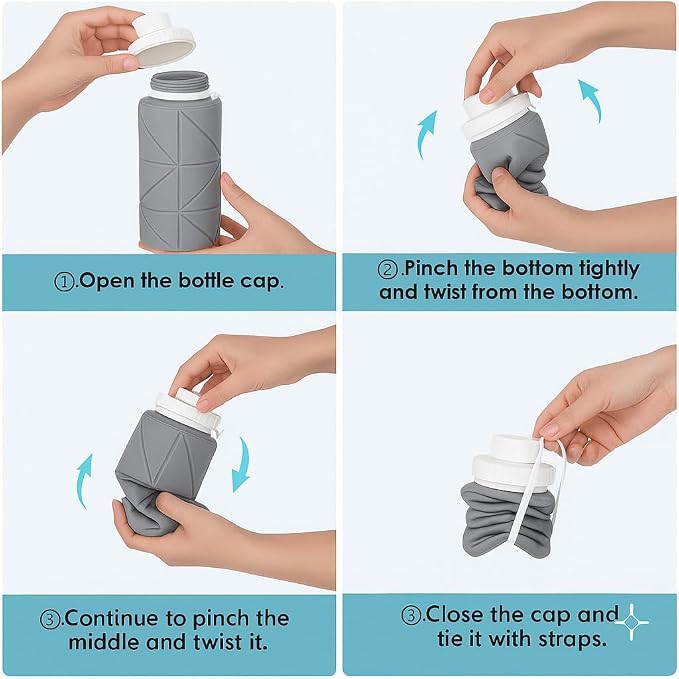 Folding Silicone Water Bottle | Collapsible Travel Water Bottle for Gym, Office, School, Cycling, Hiking & Outdoor Sports | Leak-Proof, Portable Bottle | 600 Ml (Grey)