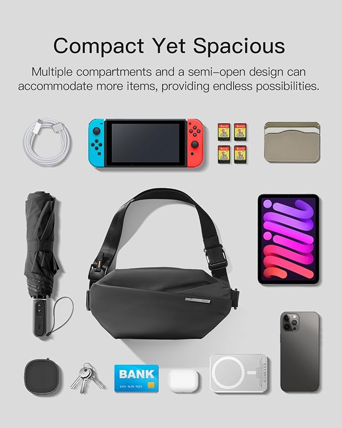 Inateck Sling Bag X, Multi-pocket Crossbody Shoulder Chest Bag with Adjustable Shoulder Strap, Water-resistant Waist Fanny Pack for Men, Women, Travel, Daily Use, Cycling, Hiking, Black, Large