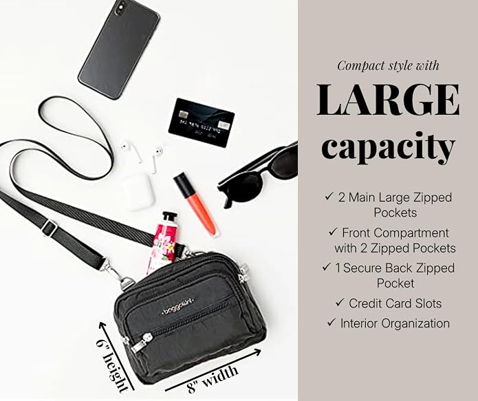 Baggallini Triple Zip Small Crossbody Bag for Women - Lightweight Convertible Fanny Pack Belt Bag