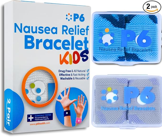 P6 Motion Sickness Bands for Kids Children’s Wristbands for Anti Nausea Sea Cruise Travel Car Sickness All-Natural Non Drowsy Relief Acupressure Treatment 2 Pack (Grey, Blue)