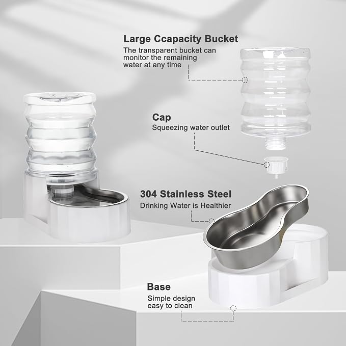 RIZZARI 4L White Pet Water Dispenser with Stainless Steel Bowl | Filter-Free Design,Automatic Gravity Water Supply,Spill-Resistant Base,Easy Water Refill,Durable PP Construction