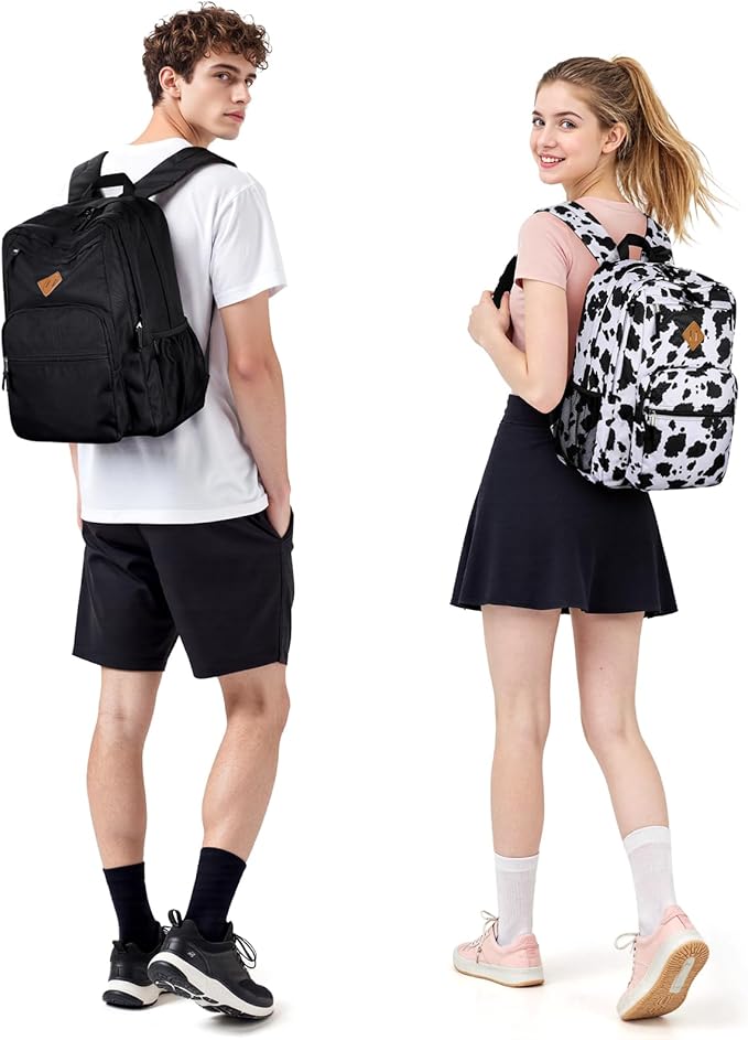 ZORFIN 26L Backpack for College, and Travel: Water Resistant Bookbag - Cow Print Black
