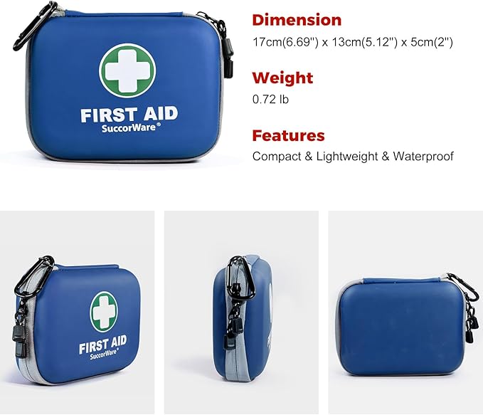 SuccorWare 150 Pieces Mini First Aid Kit - Small Medical Kit with Hard Shell - Emergency First Aid Kit for Car, Travel, Home, Outdoor, Office, Camping, Hiking (Blue)